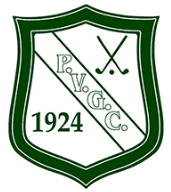 A green and white shield with the initials of a golf course.